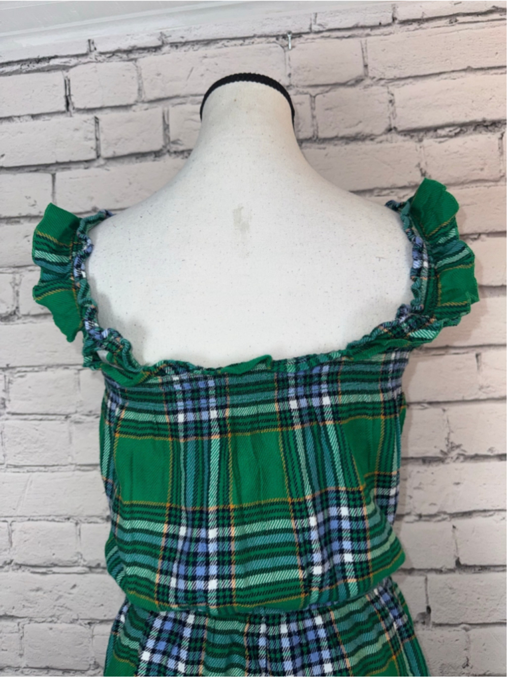 Women's Aerie Flannel Romper size XS Green Plaid Ruffle Boho Velvet Bow Fall - Picture 11 of 15